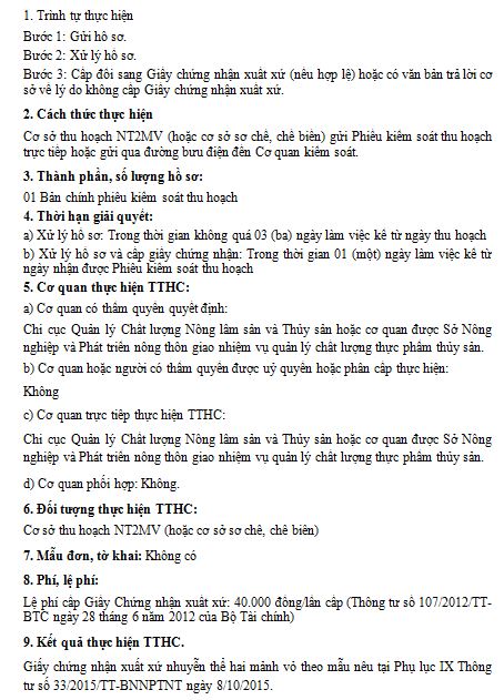 1. Thủ tục Cấp đổi Phiếu kiểm soát thu hoạch sang Giấy chứng nhận xuất xứ cho lô nguyên liệu nhuyễn thể hai mảnh vỏ