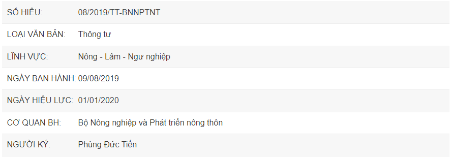 Thông tư số 08/2019/TT-BNNPTNT ngày 09/8/2019 của Bộ Nông nghiệp và Phát triển nông thôn