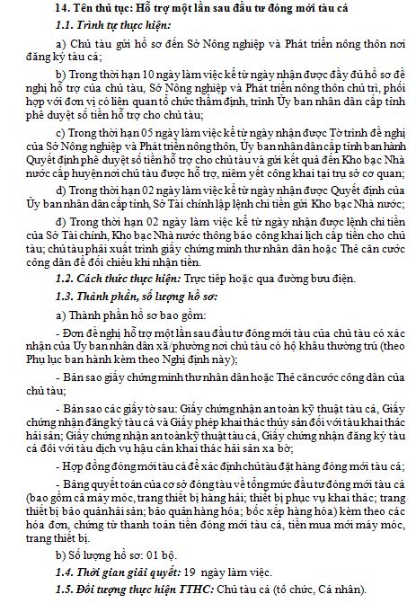 14. Tên thủ tục: Hỗ trợ một lần sau đầu tư đóng mới tàu cá