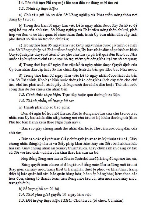 14. Tên thủ tục: Hỗ trợ một lần sau đầu tư đóng mới tàu cá