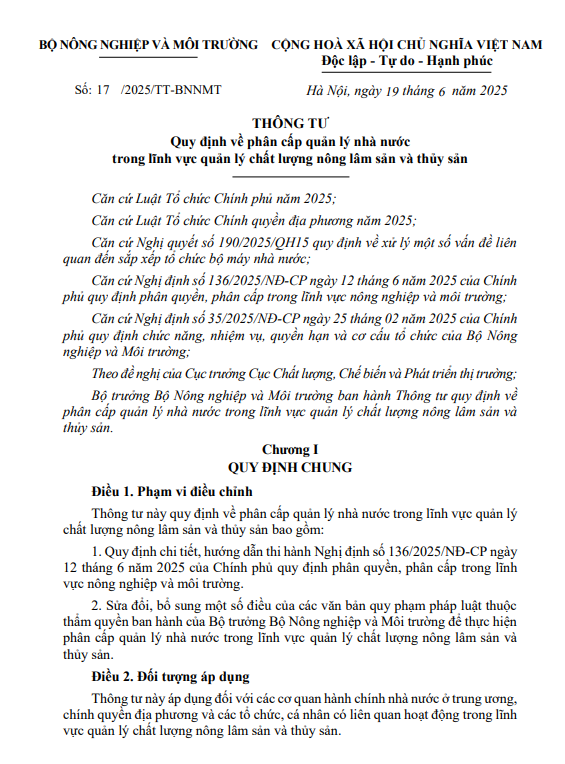 THÔNG TƯ 17/2025/TT-BNNMT