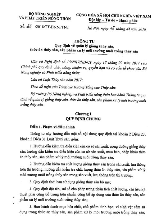 Thông tư 26/TT-BNNPTNT ngày 15 tháng 11 năm 2018