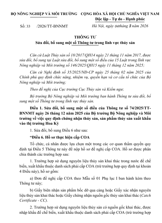 THÔNG TƯ  Sửa đổi, bổ sung một số Thông tư trong lĩnh vực thủy sản