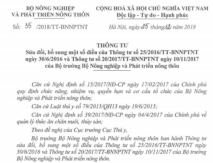 Thông tư 35/2018/TT-BNNPTNT ngày 25 tháng 12 năm 2018