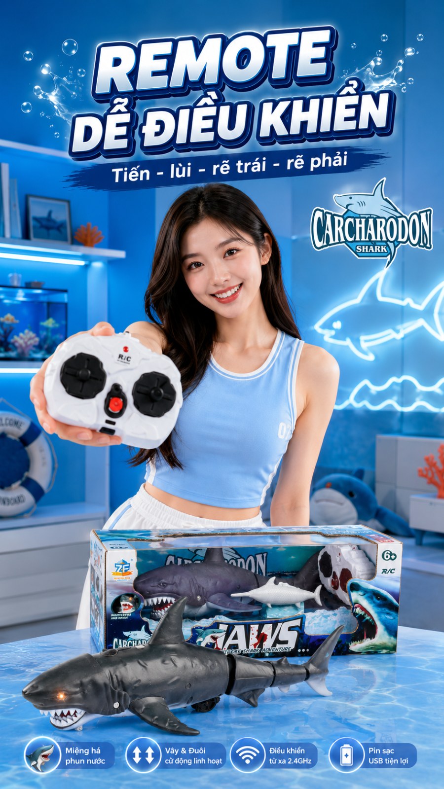 Cá Mập Điều Khiển Từ Xa Có Đèn & Phun Nước