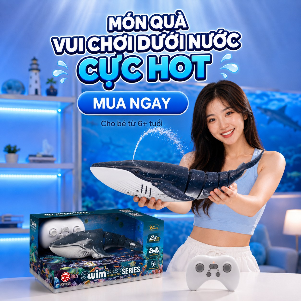 Cá Voi Điều Khiển Từ Xa 2.4GHz Phun Nước – Thân Linh Hoạt - ảnh 11