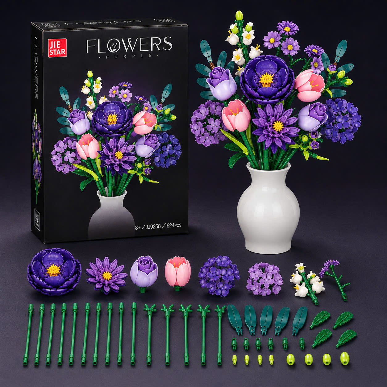 BỘ LẮP RÁP HOA TÍM JIE STAR PURPLE FLOWERS JJ9258 (624 CHI TIẾT)