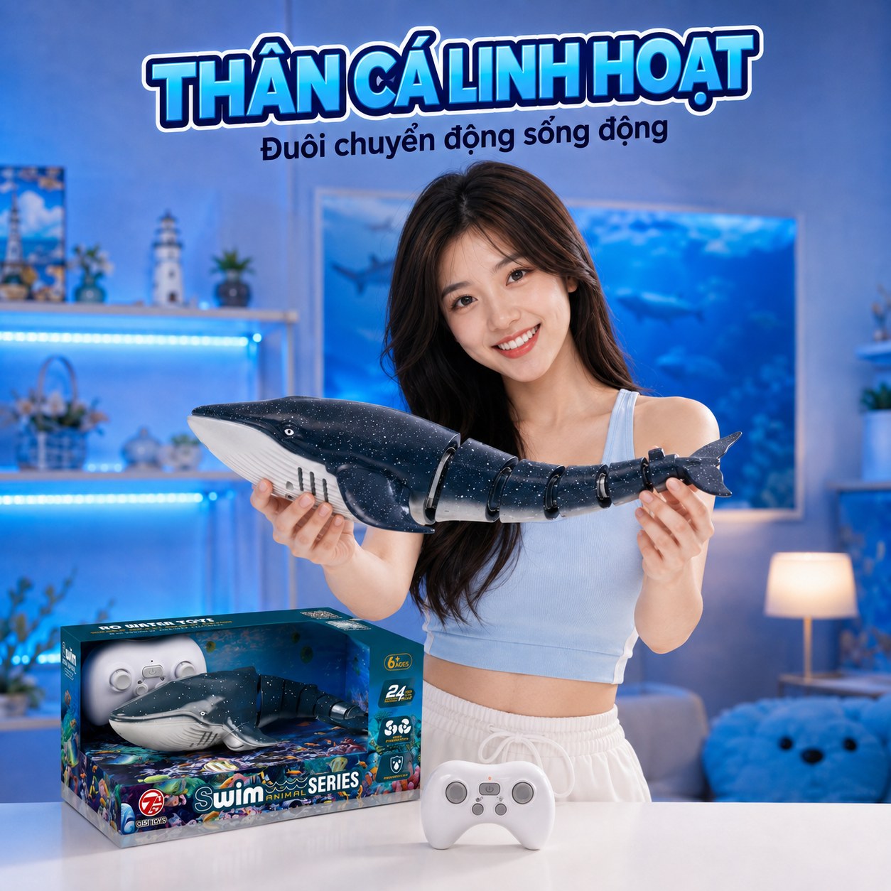 Cá Voi Điều Khiển Từ Xa 2.4GHz Phun Nước – Thân Linh Hoạt