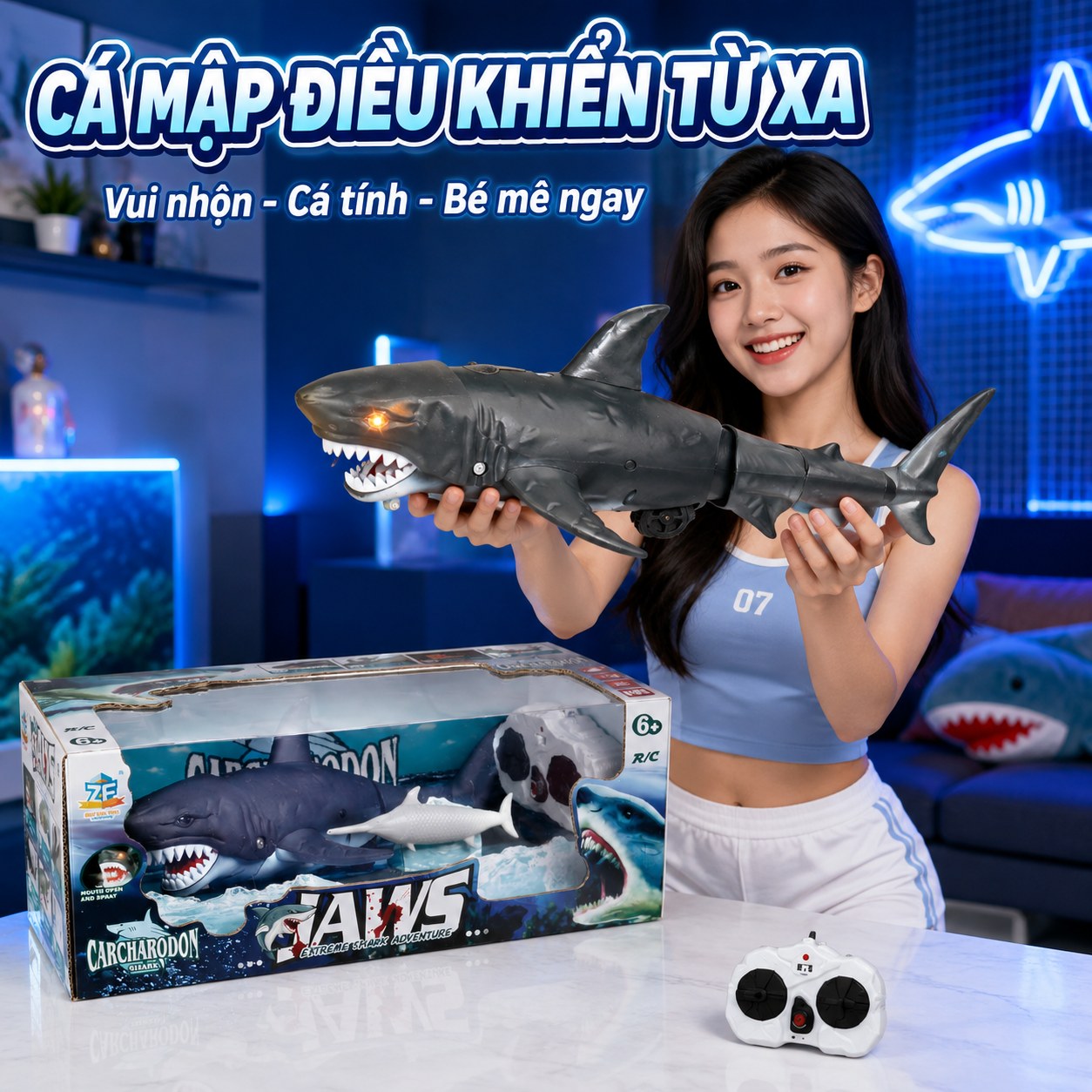 Cá Mập Điều Khiển Từ Xa Có Đèn & Phun Nước