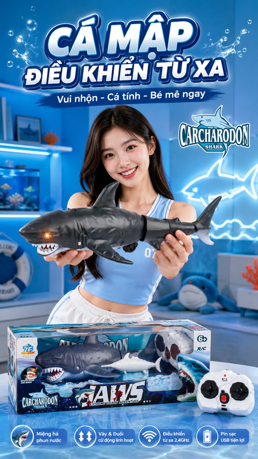Cá Mập Điều Khiển Từ Xa Có Đèn & Phun Nước - ảnh 4