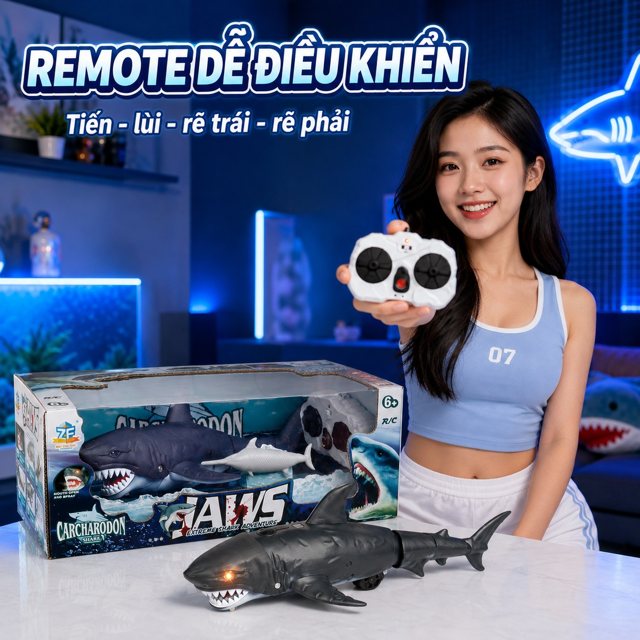 Cá Mập Điều Khiển Từ Xa Có Đèn & Phun Nước