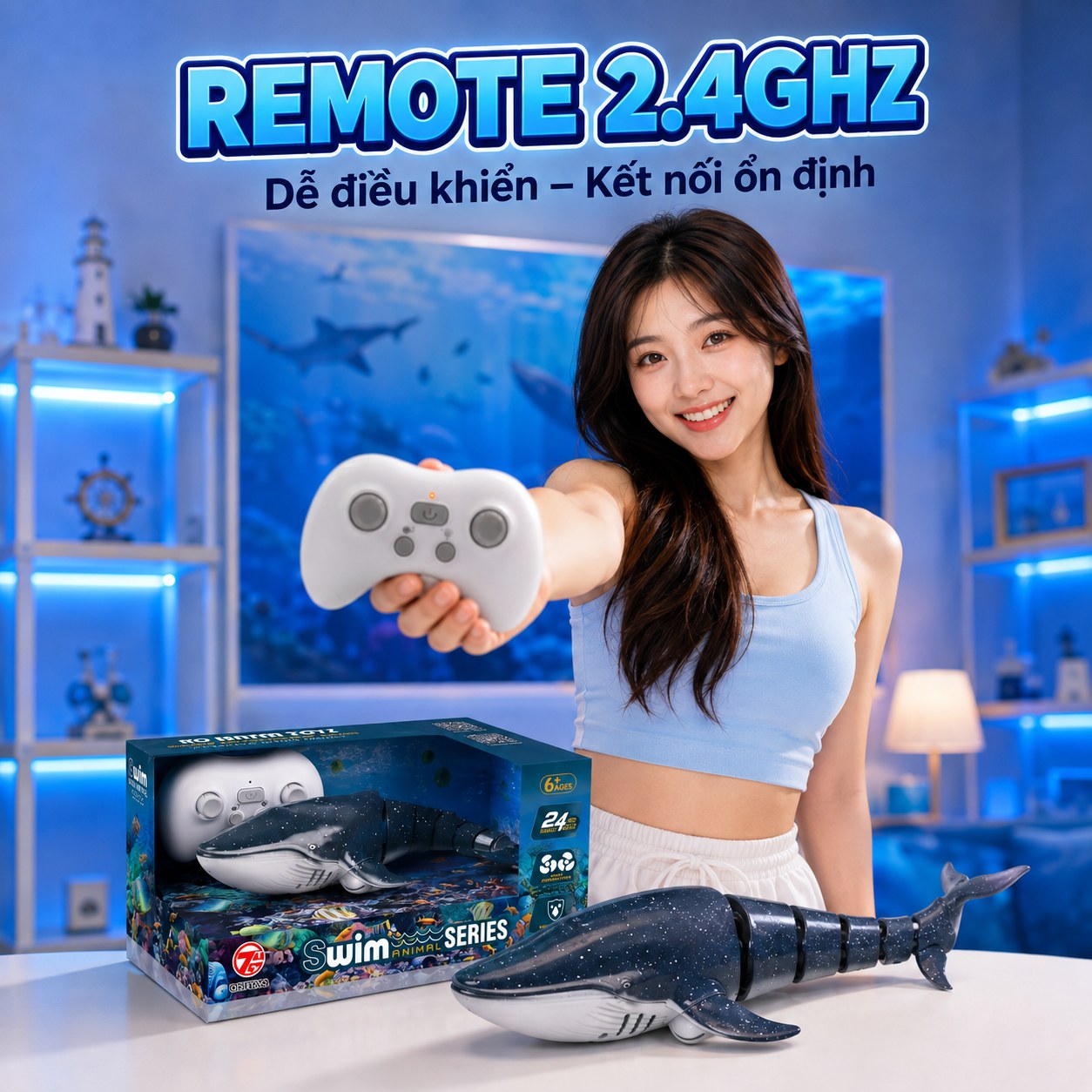 Cá Voi Điều Khiển Từ Xa 2.4GHz Phun Nước – Thân Linh Hoạt