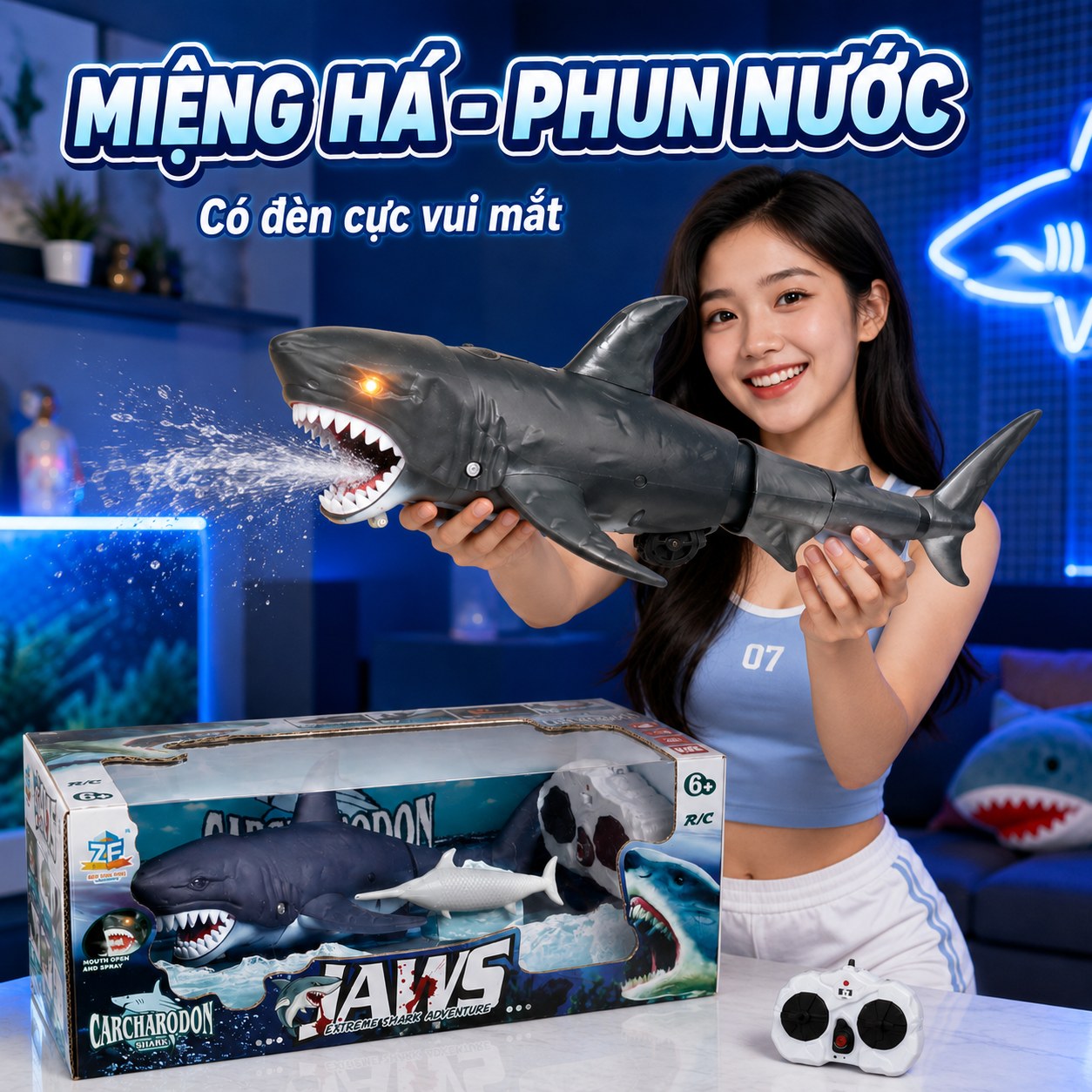 Cá Mập Điều Khiển Từ Xa Có Đèn & Phun Nước