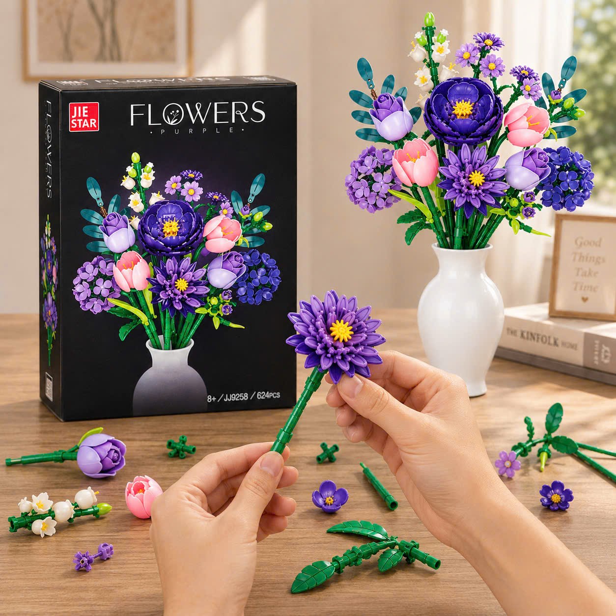 BỘ LẮP RÁP HOA TÍM JIE STAR PURPLE FLOWERS JJ9258 (624 CHI TIẾT)