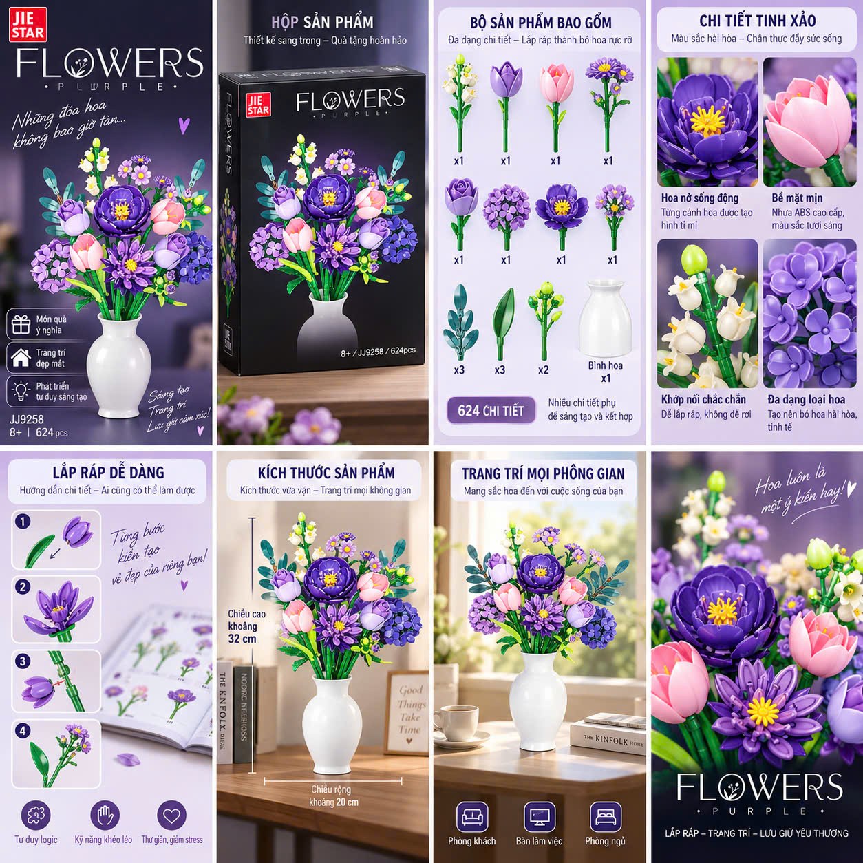 BỘ LẮP RÁP HOA TÍM JIE STAR PURPLE FLOWERS JJ9258 (624 CHI TIẾT)