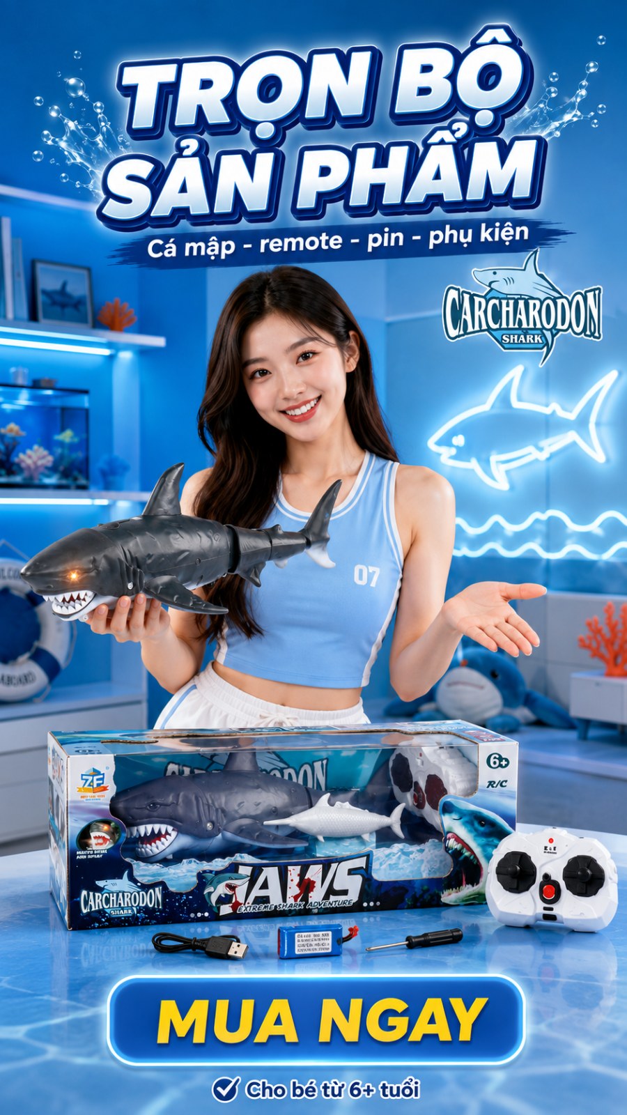 Cá Mập Điều Khiển Từ Xa Có Đèn & Phun Nước - ảnh 5