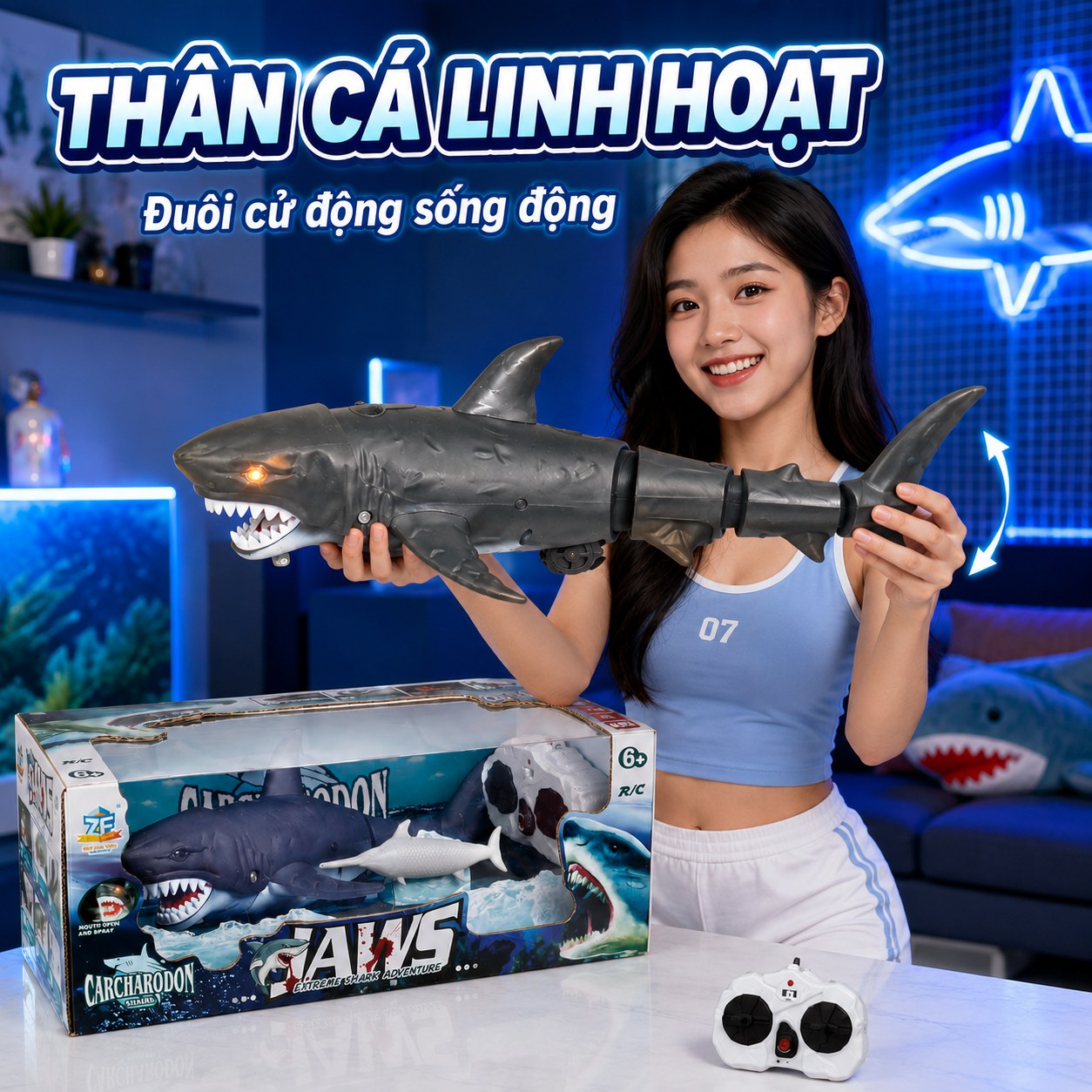 Cá Mập Điều Khiển Từ Xa Có Đèn & Phun Nước