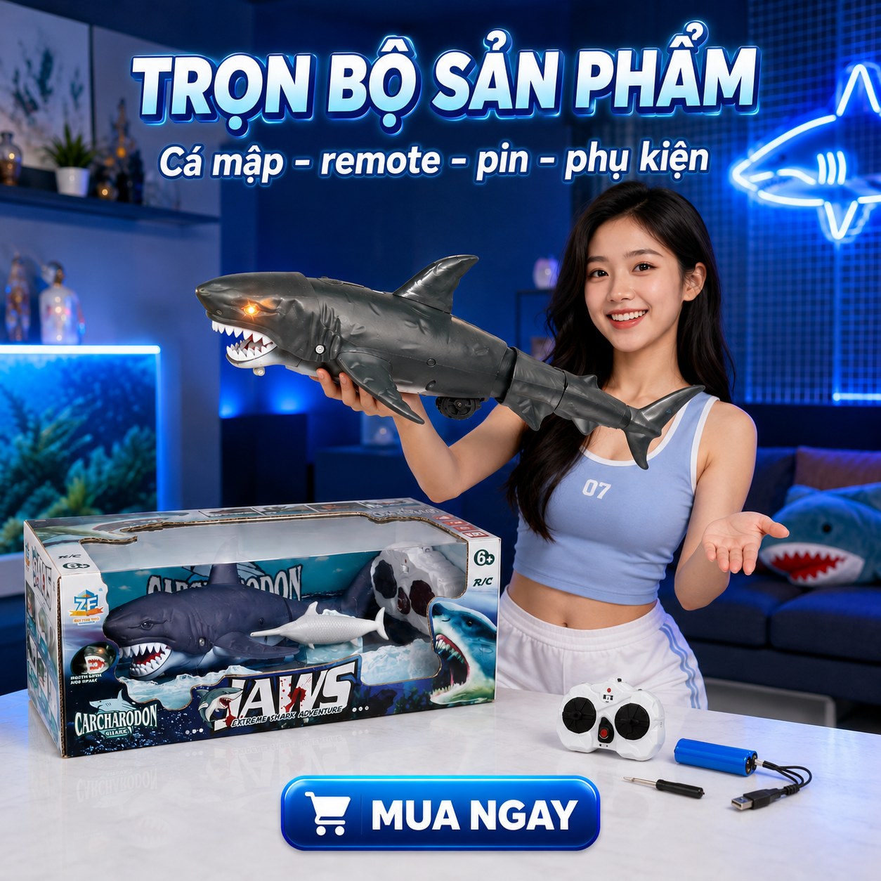Cá Mập Điều Khiển Từ Xa Có Đèn & Phun Nước