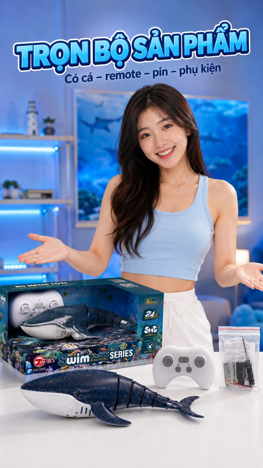 Cá Voi Điều Khiển Từ Xa 2.4GHz Phun Nước – Thân Linh Hoạt