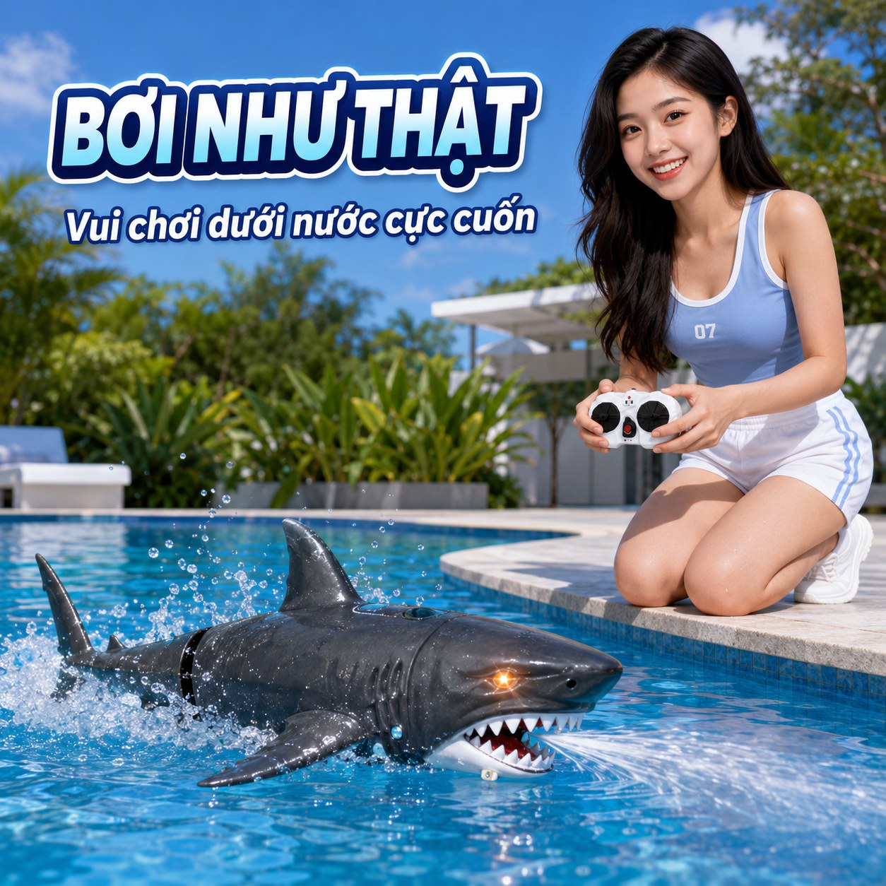 Cá Mập Điều Khiển Từ Xa Có Đèn & Phun Nước