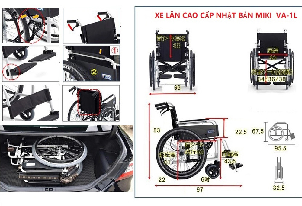 Xe lăn cao cấp MIKI Nhật Bản khung nhôm siêu nhẹ VA-1L