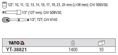 Juego De Llaves De Vaso YATO 12 Piezas 1/2" - Acero Cromo Vanadio, Trinquete Reversible 72 Dientes, Mango Antideslizante