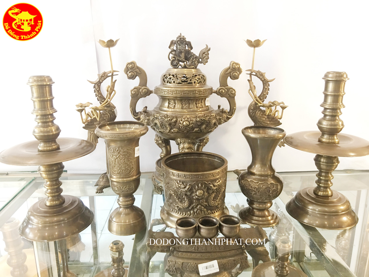 Bộ đồ thờ cúng bằng đồng 9 món gồm đỉnh đồng song long trầu nguyệt 45