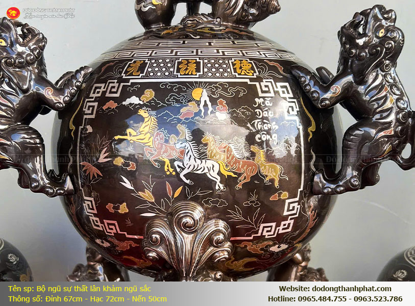 Bộ ngũ sự bằng đồng vàng bóng gương cao cấp họa tiết song long chầu nguyệt sắc nét