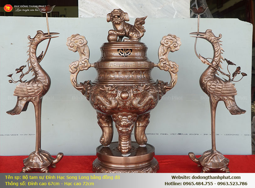 Sơ đồ bài trí đôi hạc đồng đỏ đối xứng hai bên đỉnh đồng chuẩn phong thủy