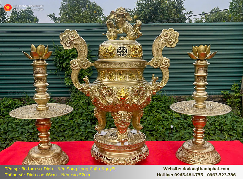 Bộ tam sự đỉnh đồng đôi chân nến cao 66cm chạm rồng thủ công tinh xảo