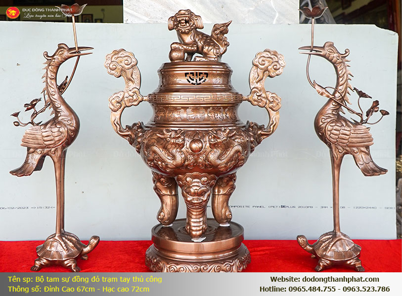 Bộ Ngũ Sự Bằng Đồng Đỏ Song Long Chầu Nguyệt Cao 67cm Đẳng Cấp