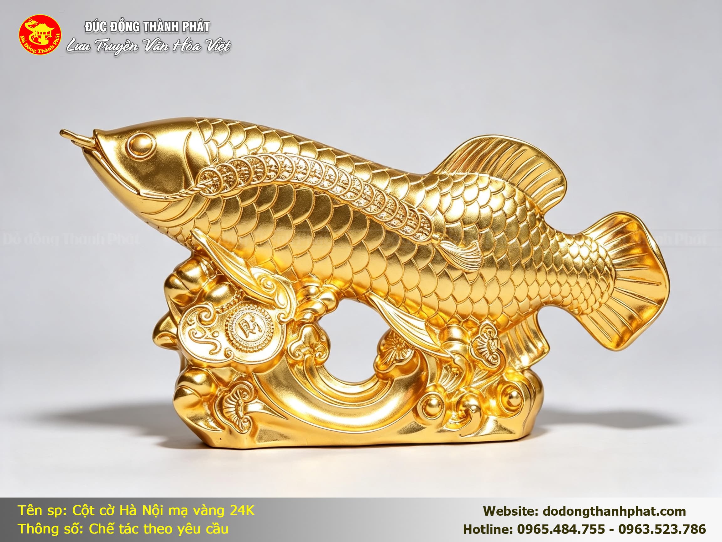 Tượng Cá Rồng Đồng Dát Vàng 24K — góc nhìn chính diện, hình dáng cân đối, uy nghiêm và thanh tao