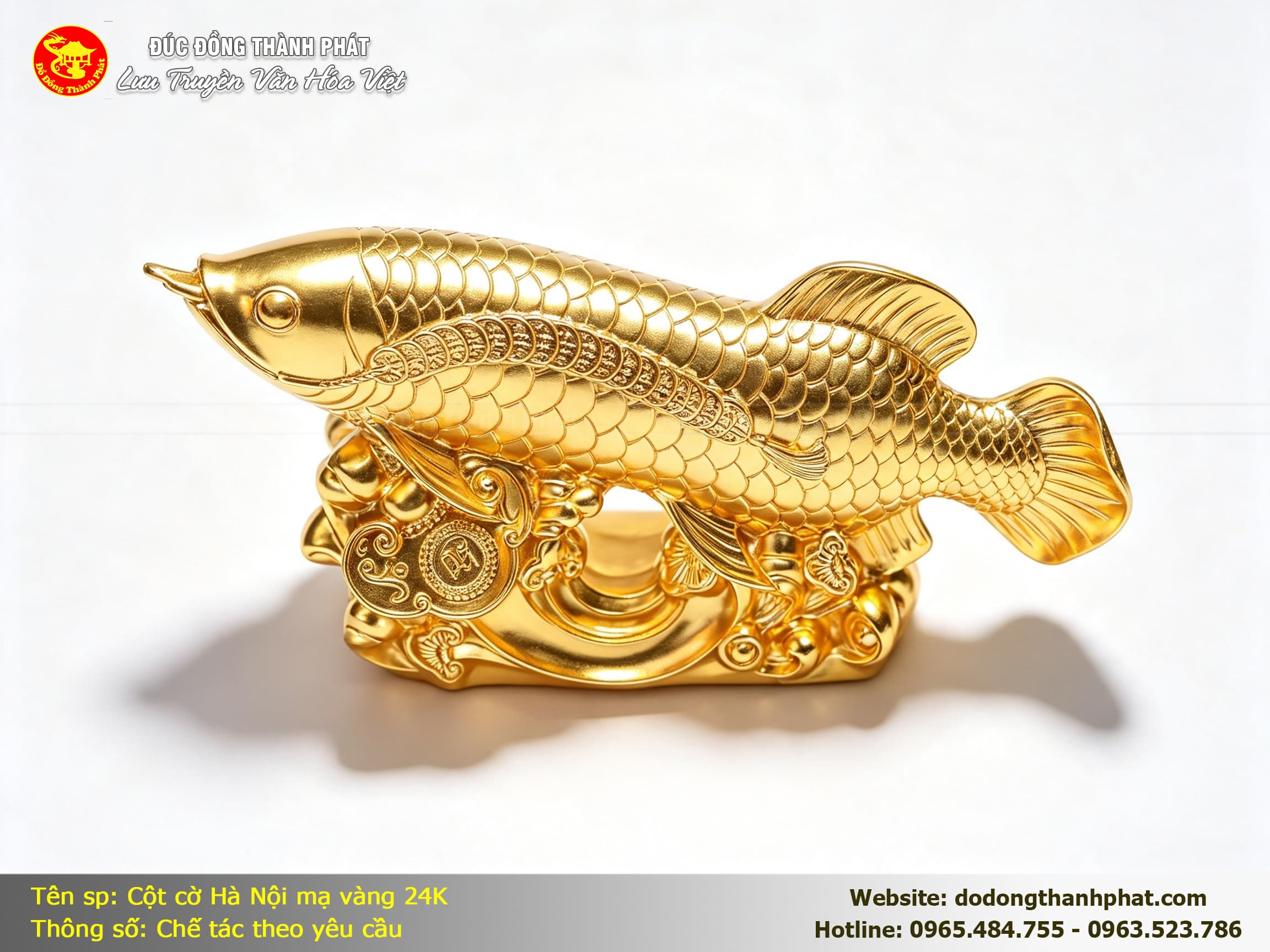 Tượng Cá Rồng Đồng Dát Vàng 24K — góc nhìn nghiêng, thể hiện đường nét mềm mại và lớp dát vàng sáng lấp lánh