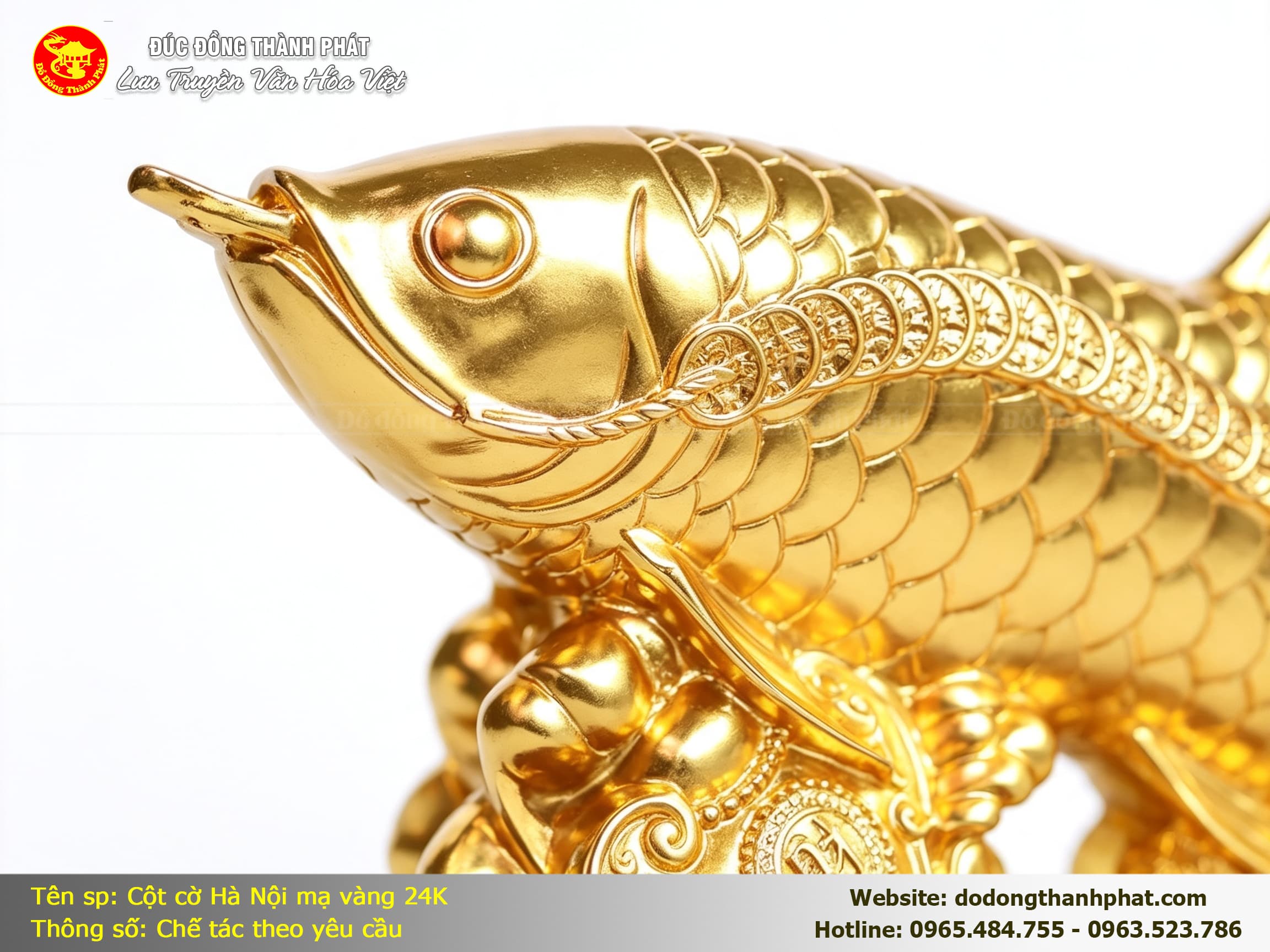 Tượng Cá Rồng Đồng Dát Vàng 24K — chi tiết đầu cá, mắt cá sáng rực, miệng ngậm ngọc châu, vảy khắc tiền tài rõ nét