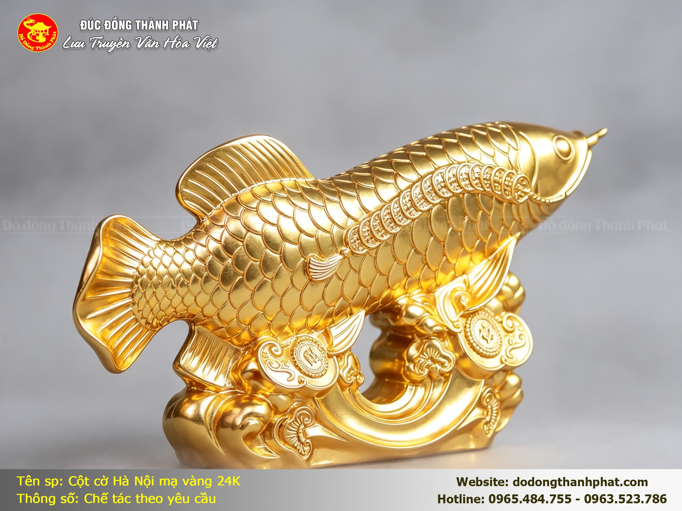 Tượng Cá Rồng Đồng Dát Vàng 24K — góc nhìn sau, thể hiện tổng thể hài hòa và đường nét hoàn hảo