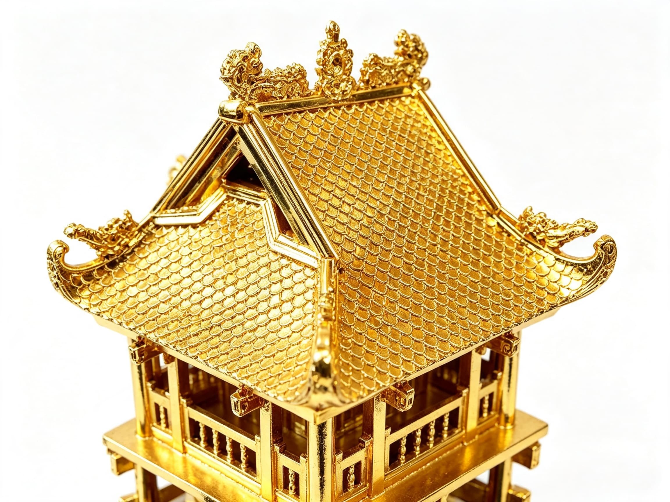 Mô hình Chùa Một Cột — chi tiết mái chùa hai lớp cong uyển chuyển, từng ô ngói chạm khắc đều đặn tinh xảo