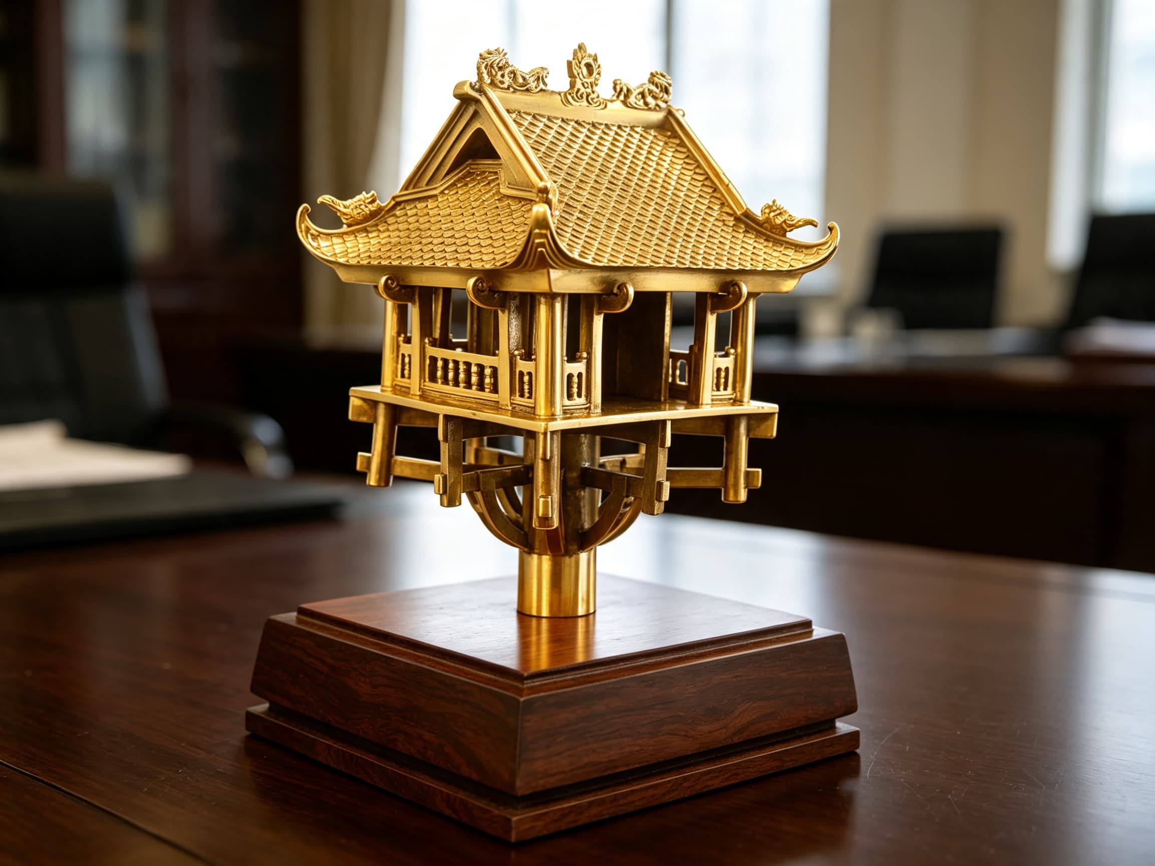 Mô hình Chùa Một Cột Đồng Dát Vàng 24K — tổng thể kiến trúc cân đối, trụ vững chãi, mái cong hình hoa sen thanh cao