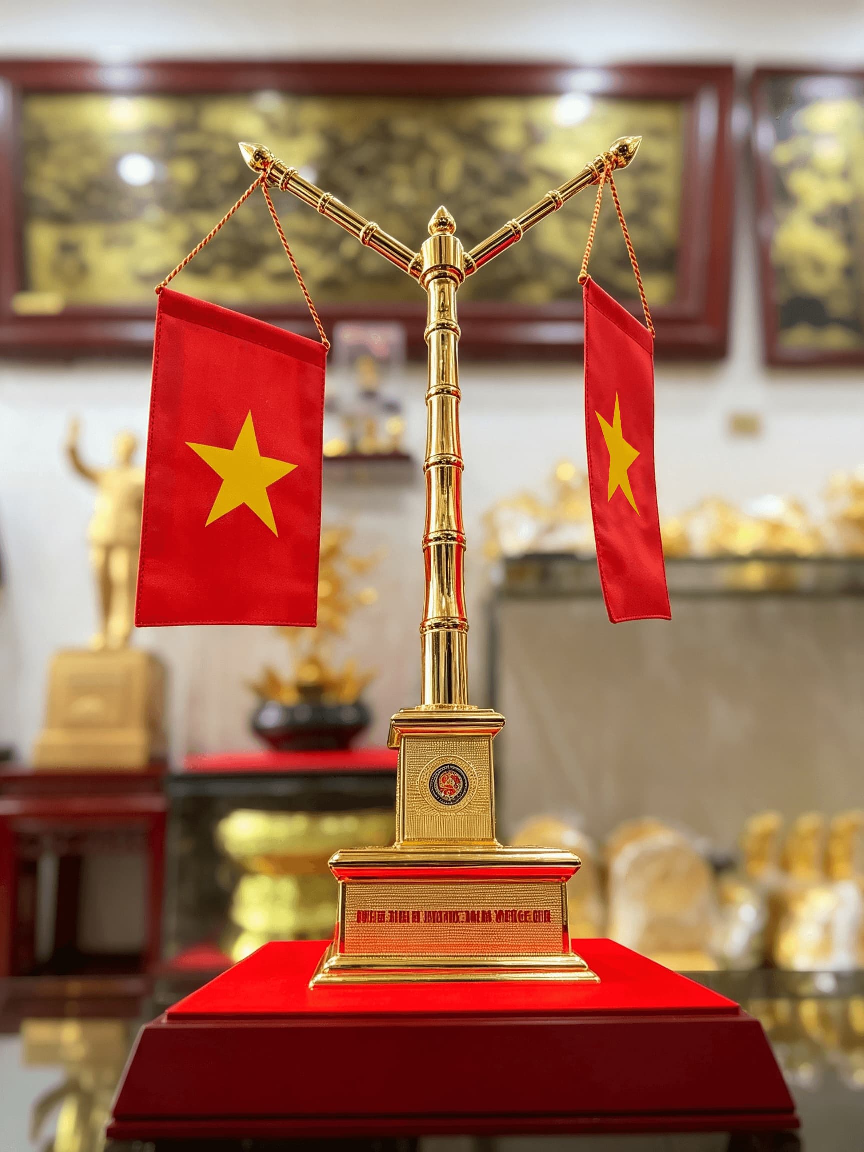 Cột Cờ Mạ Vàng 24K — ánh vàng tỏa sáng rực rỡ, thân khúc tre uy nghiêm, thể hiện sự cao quý và giá trị trường tồn