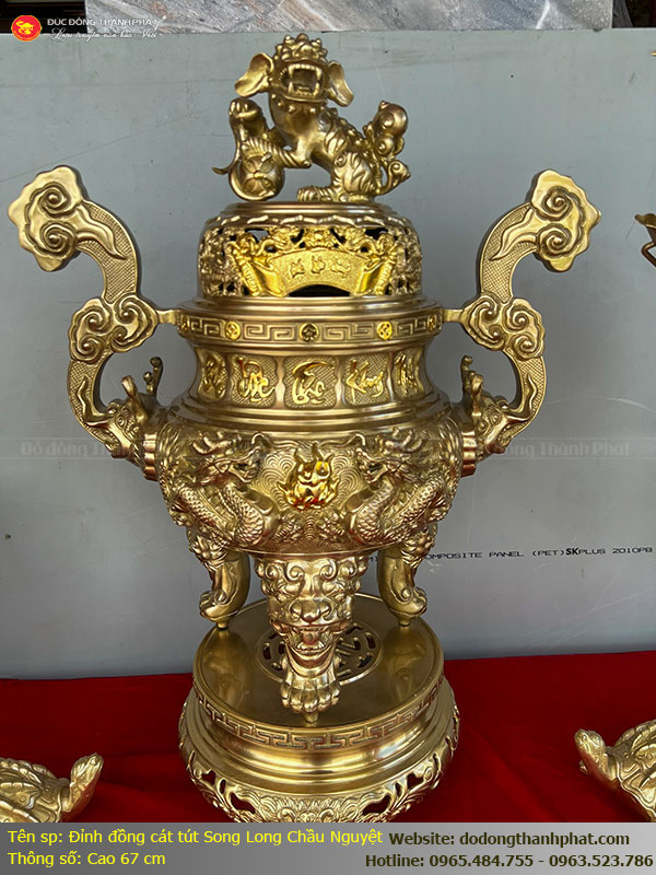 Bộ ngũ sự bằng đồng cát tút Song Long chầu Nguyệt cao 67 cm