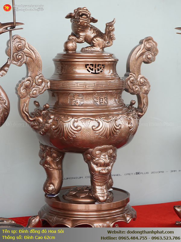 Đỉnh Đồng Hoa Sòi Bằng Đồng Đỏ Cao 67cm – Tinh Hoa Đồ Thờ Thủ Công Truyền Thống