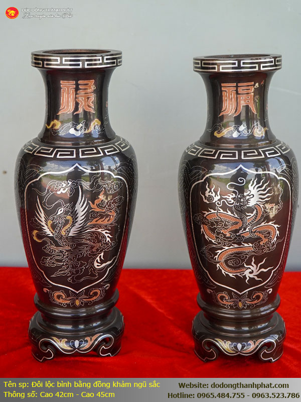 Đôi lọ hoa đồng đỏ khảm ngũ sắc cao cấp họa tiết Rồng Phượng chữ Phúc Lộc