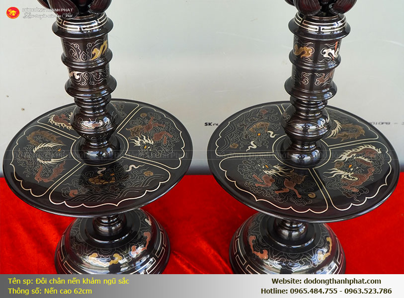 Kỹ thuật khảm ngũ sắc Long Phụng tinh xảo trên đĩa nến đồng đỏ Thành Phát