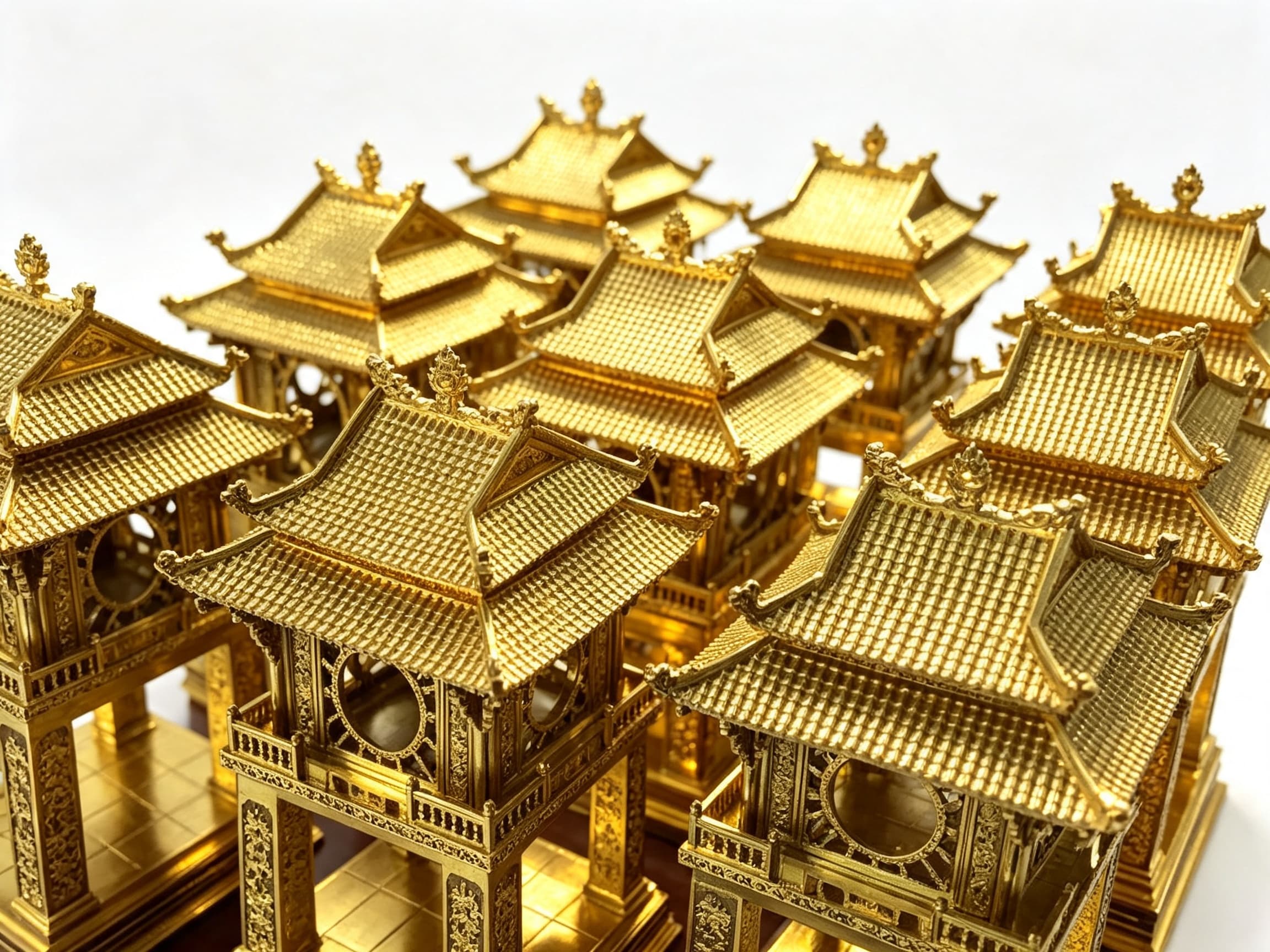 Khuê Văn Các Đồng Dát Vàng 24K — chi tiết mái và hoa văn đỉnh, từng ô ngói chạm khắc đều đặn tinh xảo
