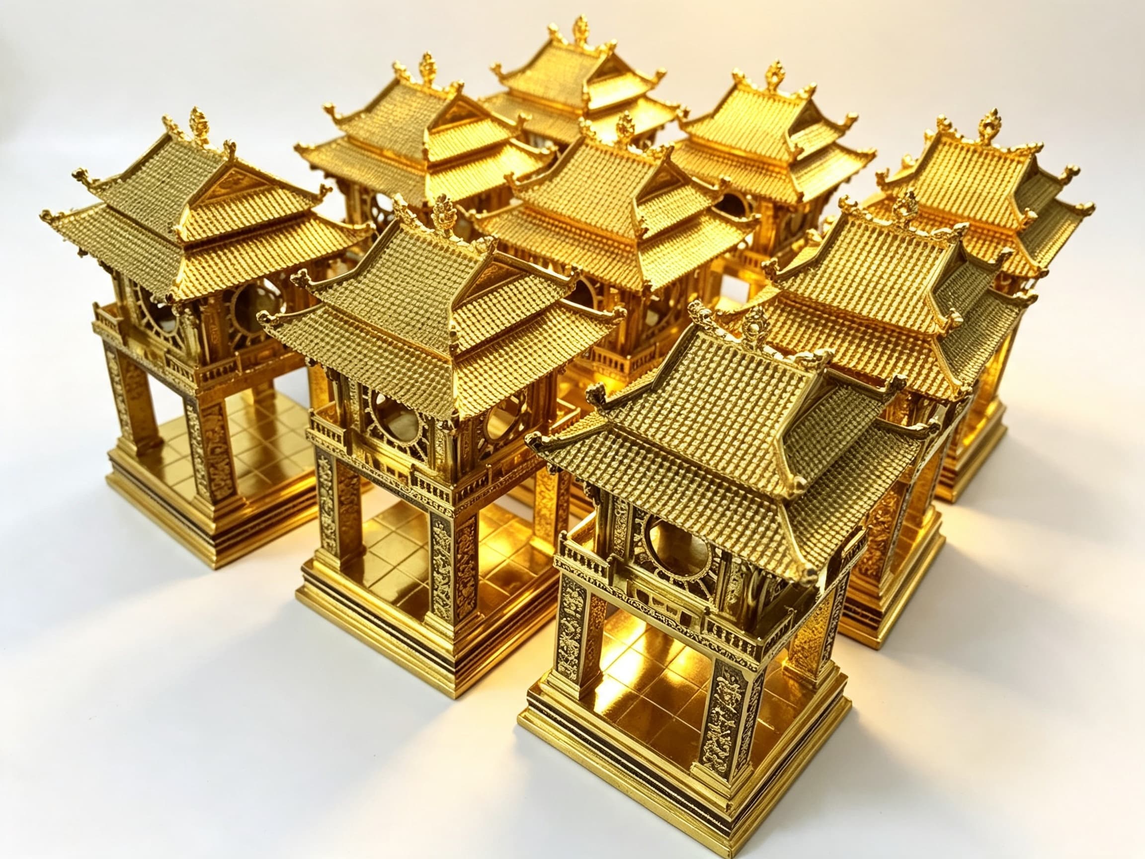 Khuê Văn Các Đồng Dát Vàng 24K — đặt trên bàn học tập, ánh vàng ấm áp tạo không gian học vấn trang trọng