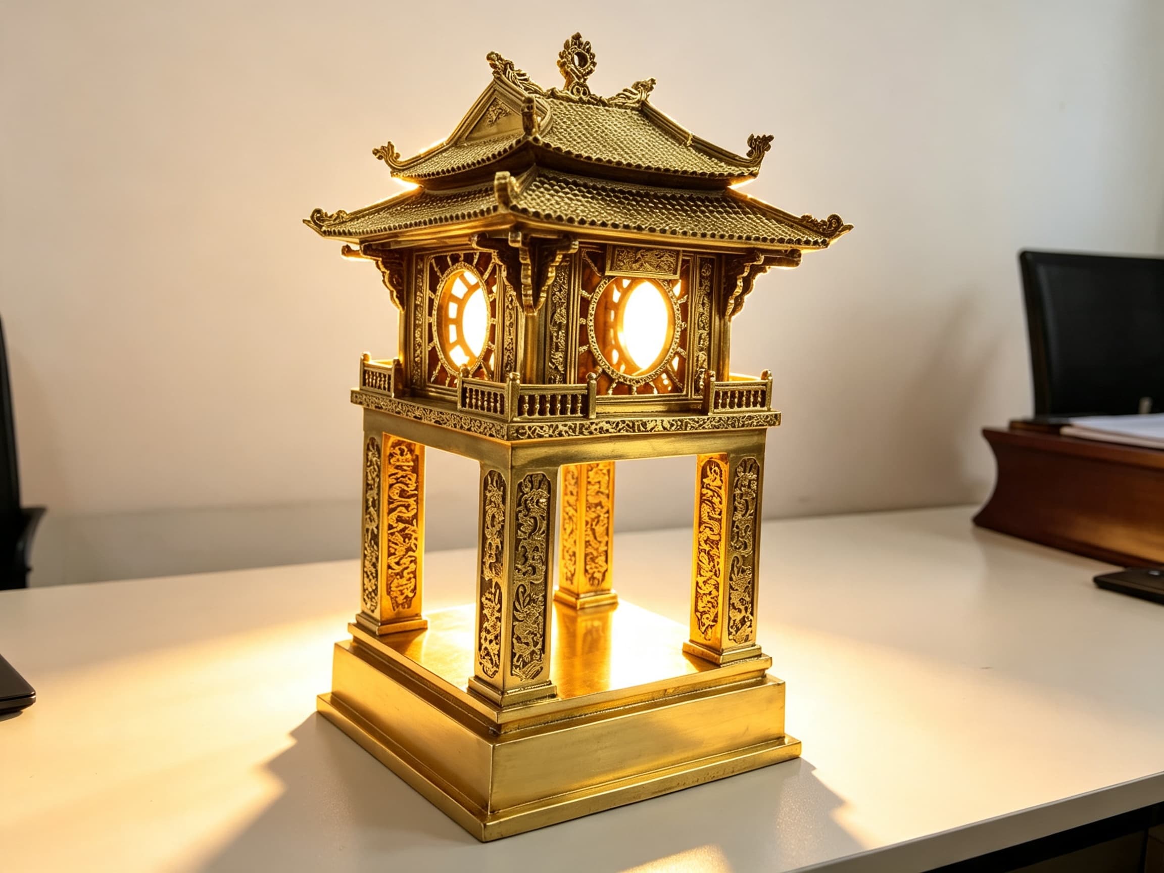 Khuê Văn Các Bằng Đồng Dát Vàng 24K — góc nhìn tổng thể, kiến trúc cân đối, mái hai lớp uyển chuyển, vẻ đẹp trang trọng