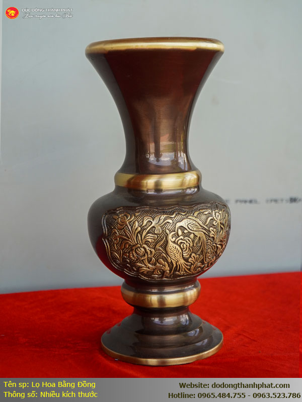 Lọ hoa lục bình bằng đồng 2 công nghệ dáng chuẩn tích lộc bình an họa tiết chim công tinh xảo