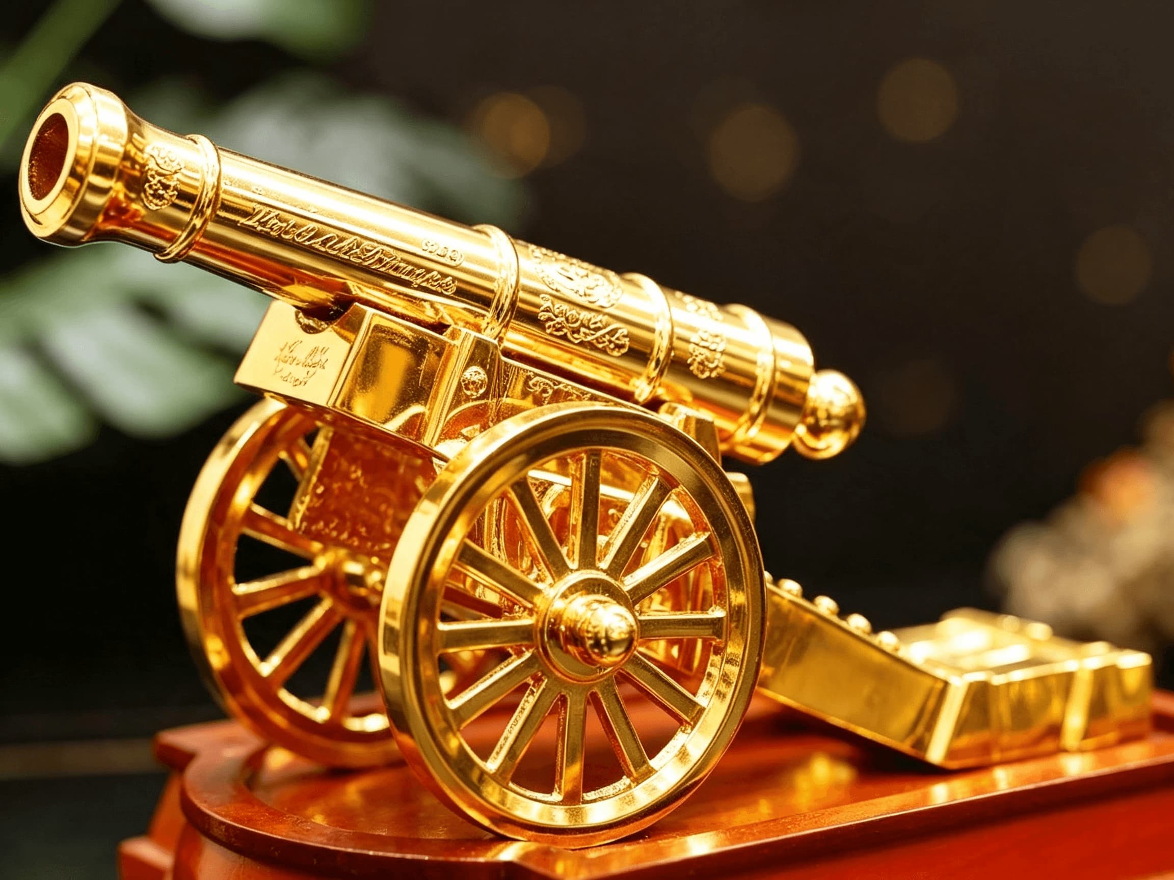 Mô hình Súng Thần Công Mạ Vàng 24K — nòng súng thẳng dài uy nghiêm, tượng trưng quyền lực, tầm nhìn rộng mở và mọi việc thành công