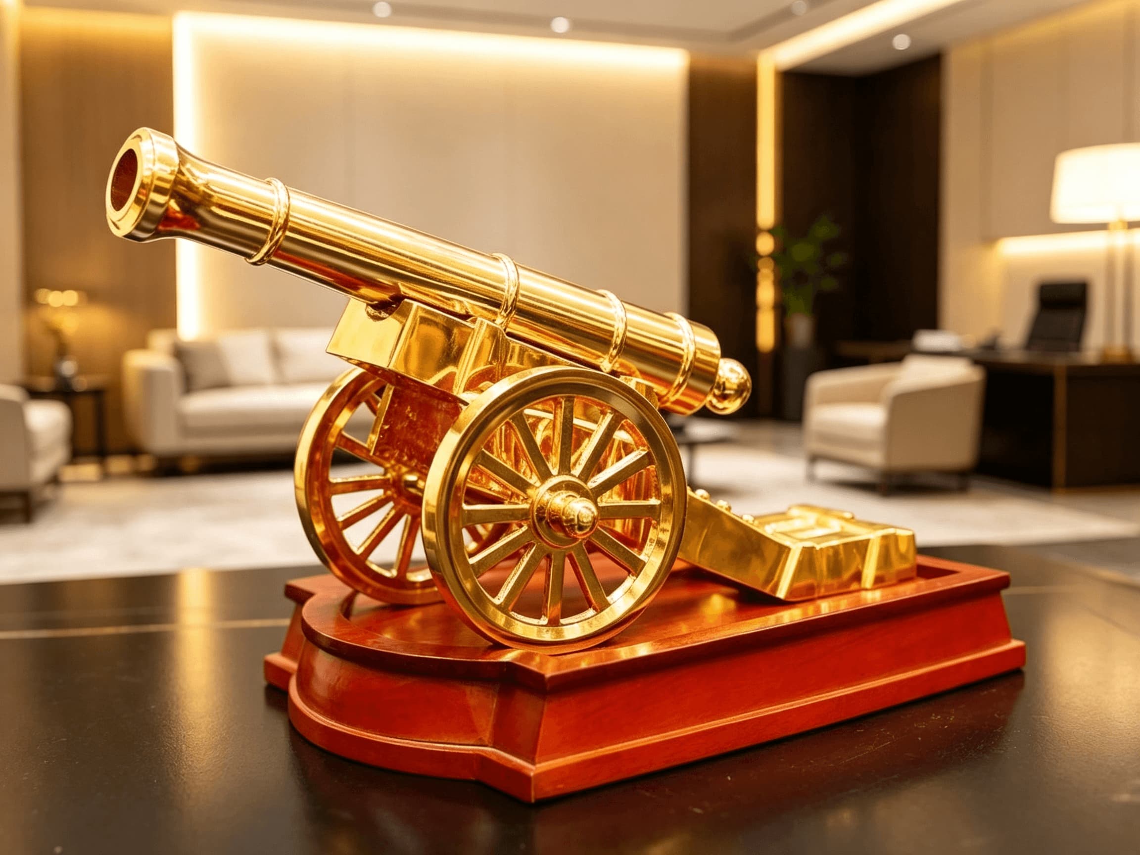 Súng Thần Công bằng đồng nguyên chất — chất liệu đồng ấm áp, đường nét uy nghiêm, chưa mạ vàng vẫn toát lên vẻ mạnh mẽ