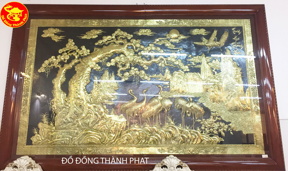 tranh đồng cửu hạc trường tồn mạ vàng