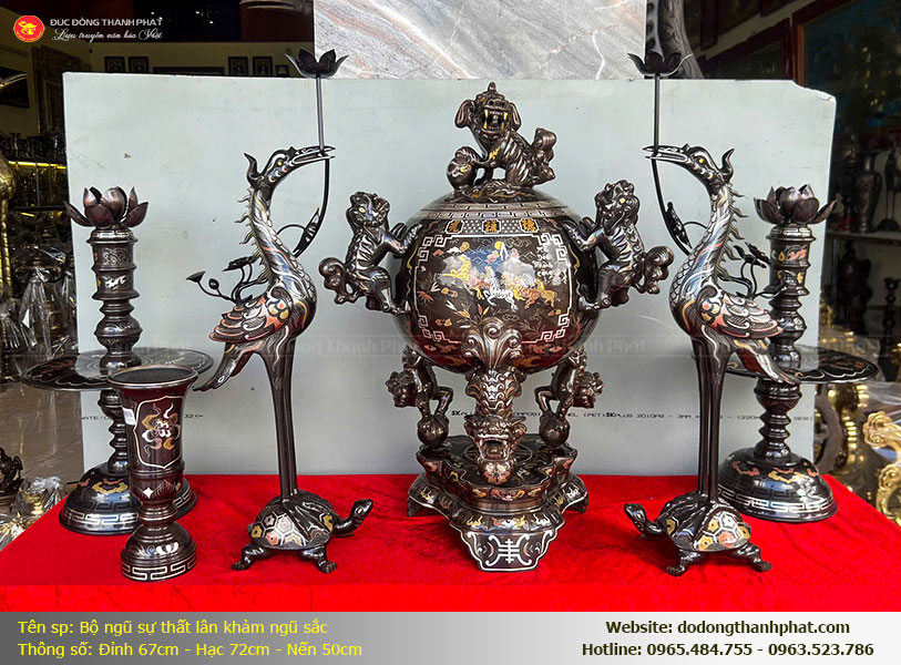 Trọn bộ ngũ sự bằng đồng khảm tam khí cao cấp tại Đồ Đồng Thành Phát